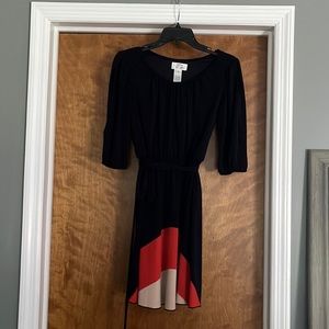 Navy, Sweet Storm, Medium 3/4 length sleeve, knee length dress. Cold shoulder